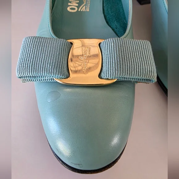 Salvatore Ferragamo Vara Bow Low Heel Turquoise  Leather Vintage Italy-SZ 5.5B - Picture 8 of 15